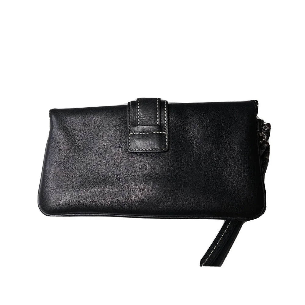 Coach Black Leather Wristlet Clutch Purse Medium Size charm & tassel accent